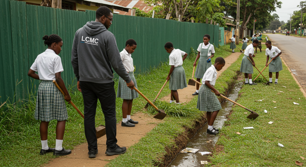 LCMC staff leads Mukuru Promotion centre students in cleaning around their school as a way of caring for mother earth